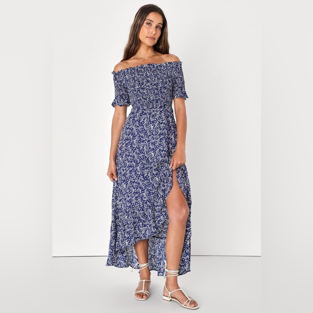 Lulus Fleur-tation Navy Blue Floral Print Off-the-Shoulder Midi Dress XS